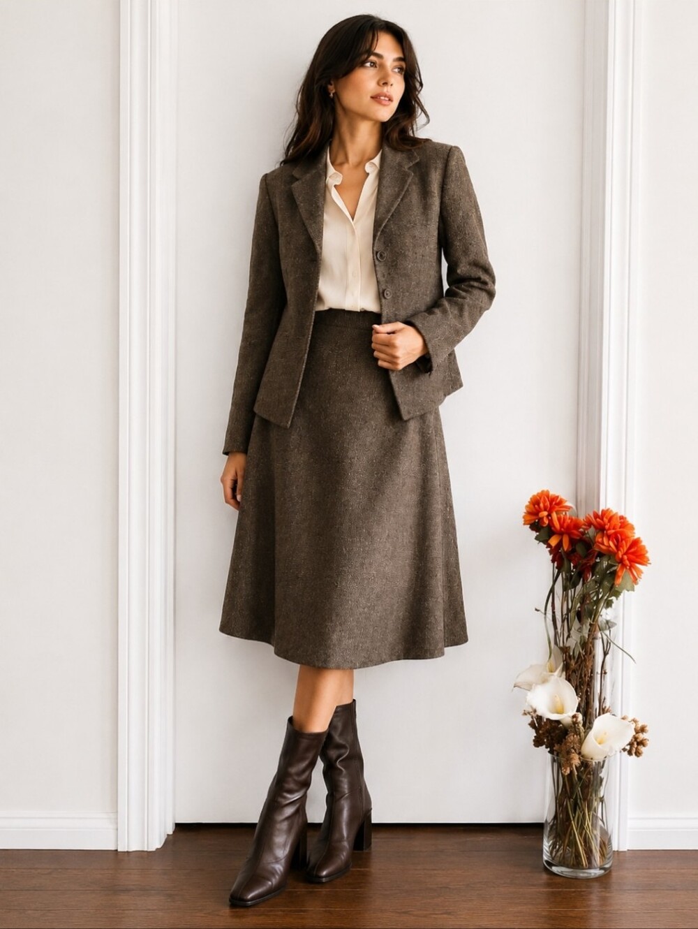 Vintage Jessica |Brown Fit & Flare Skirt Suit Set Size 4 Rayon Blend Blazer Midi